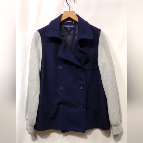 Tommy Hilfiger Wool Blend Double Breasted Coat Men's M Blue Gray Retro Y2K
